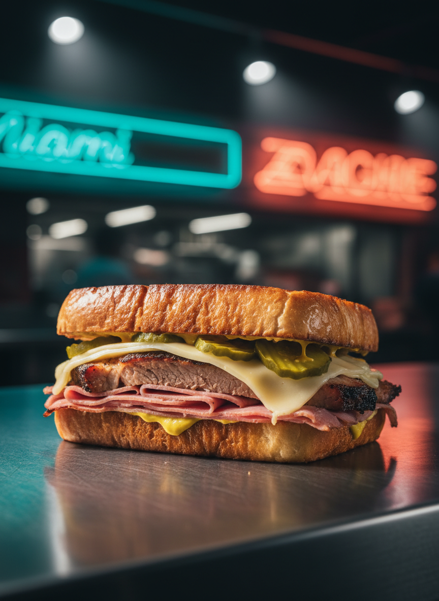 A towering Cuban sandwich sliced diagonally to reveal layers of golden-pressed Cuban bread, glossy roast pork, thin pink ham, melted Swiss cheese, vivid yellow mustard, and crisp green pickle slices. The sandwich rests on a brushed stainless-steel counter inside a sleek Miami-inspired food stall, with neon teal and coral accents softly blurred in the background. Strong, directional overhead lighting creates bold highlights on the toasted bread and juicy meat, casting confident shadows that enhance texture. Photographic realism, shot at a slightly elevated three-quarter angle with shallow depth of field, emphasizing the sandwich’s decadence. The atmosphere feels bold, urban, and high-energy, like South Florida nightlife distilled into a single, life-saving bite.